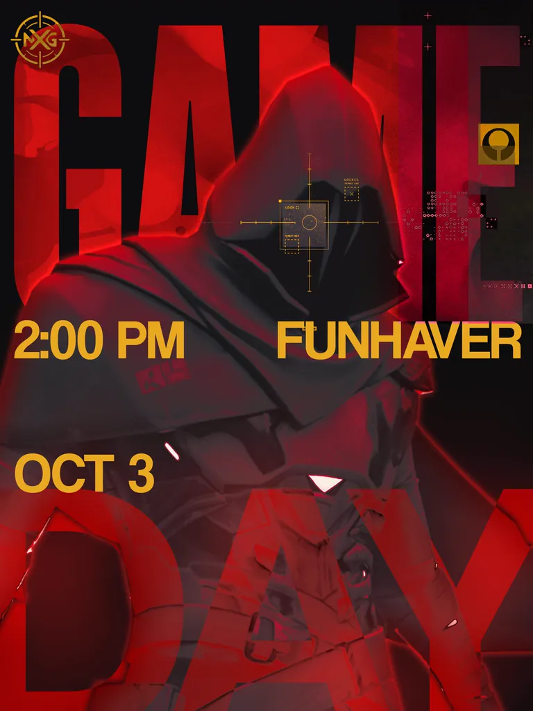 NXG game-day poster: VALORANT, Funhaver, 3 October, 2:00 PM