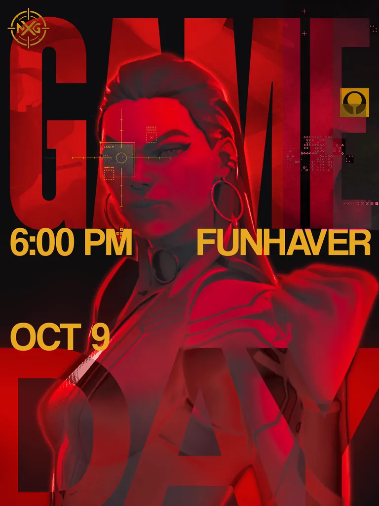 NXG game-day poster: VALORANT, Funhaver, 9 October, 6:00 PM